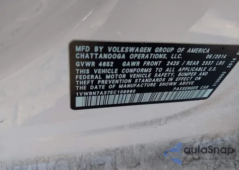 2014 Volkswagen Passat 2.0L Tdi Se z USA, uszkodzony, nr VIN 1VWBN7A37EC109960